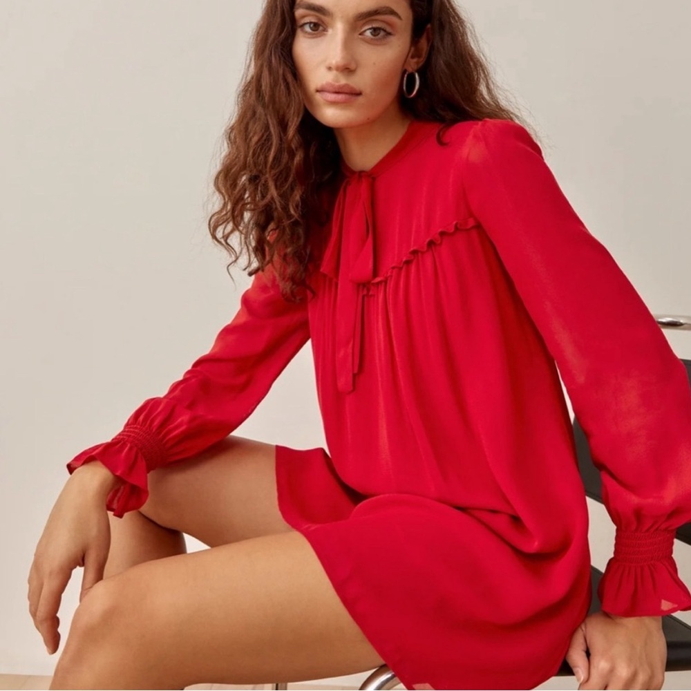 Reformation Red Ruffled Dress with Mandarin Collar